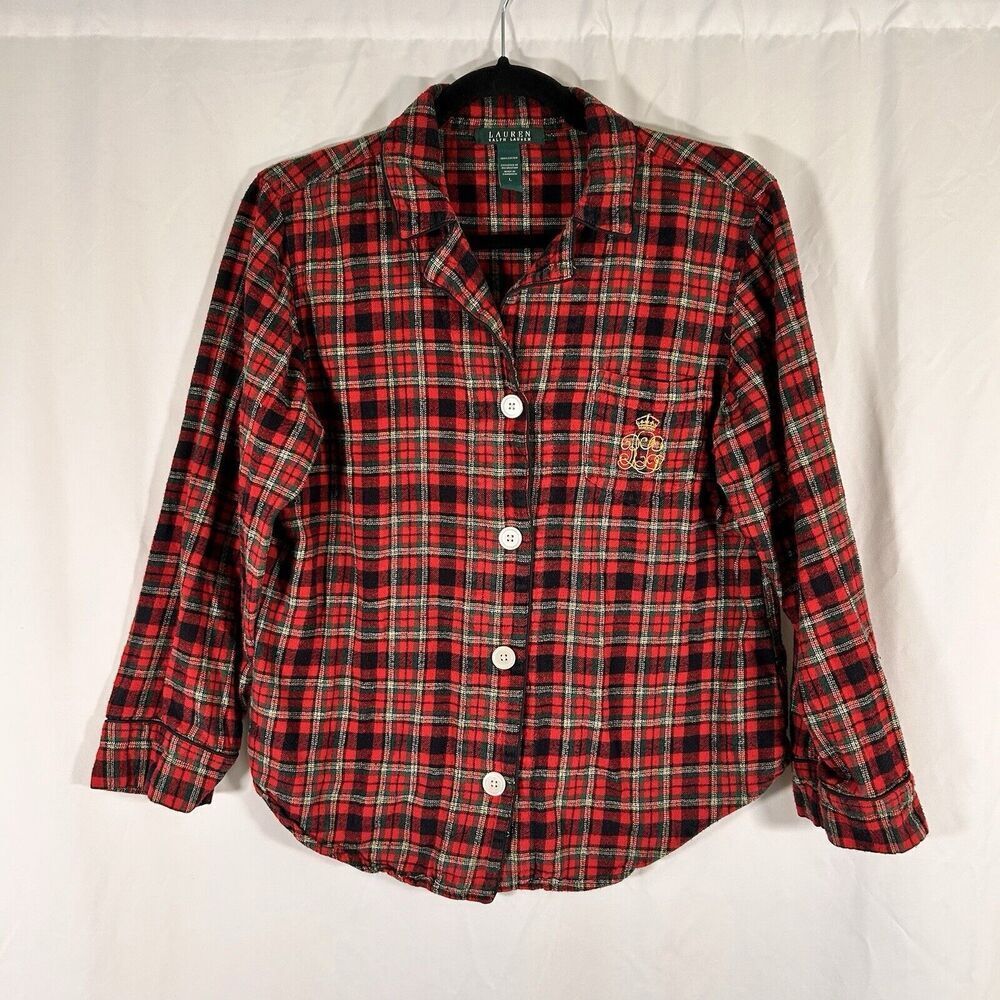 Lauren Ralph Lauren Pajama Shirt Women's Large Red Plaid Button Up Long Sleeve